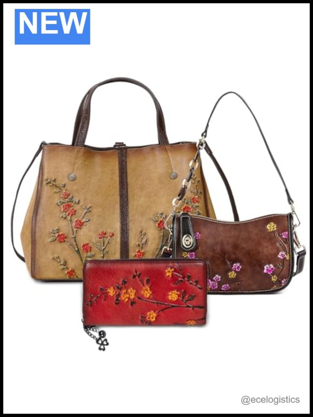 Genuine Leather Vintage Bag & Wallet Set, Embossed Flower Crossbody Satchel RFID